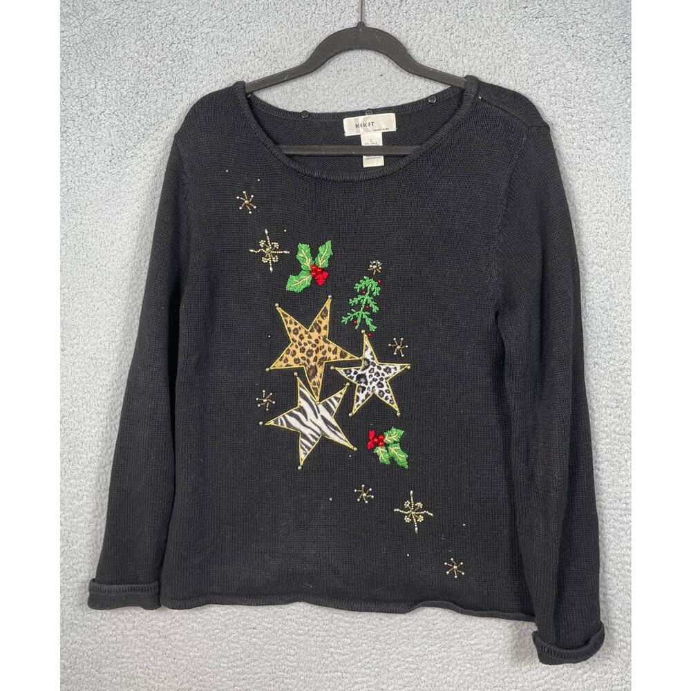 Vintage KIKIT Womens Size L Stars Holiday Black Knit Sweater